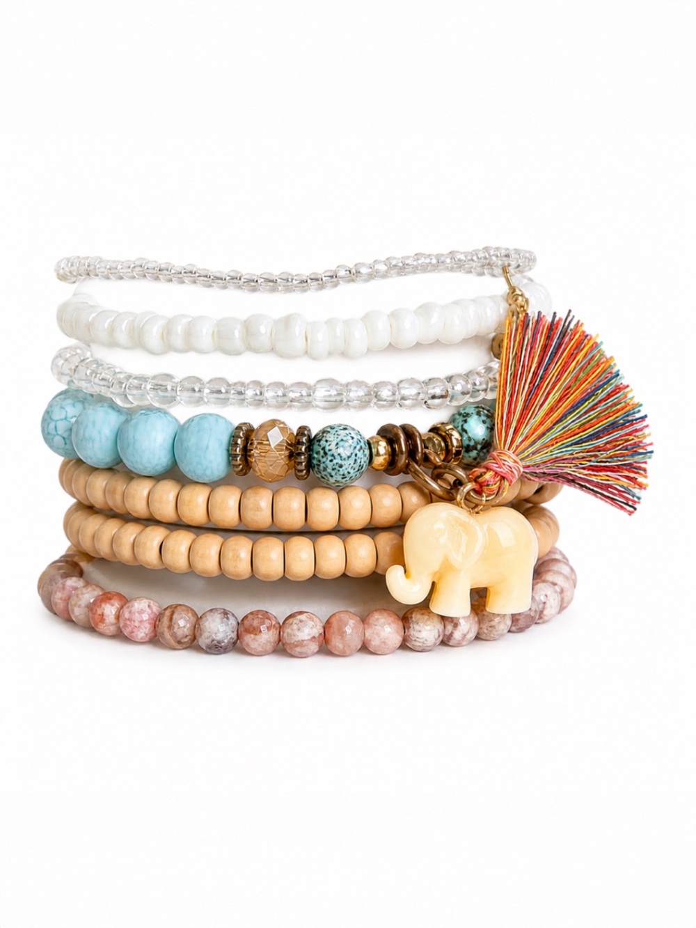 Boho Beaded Bracelet Stack Elephant Charm Tassel 7-Piece Set